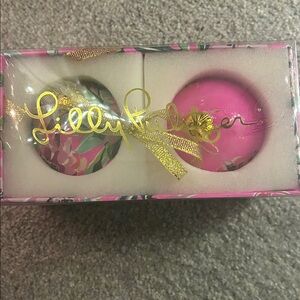 New in Box Lilly Pulitzer, pink and green Christmas tree ornaments